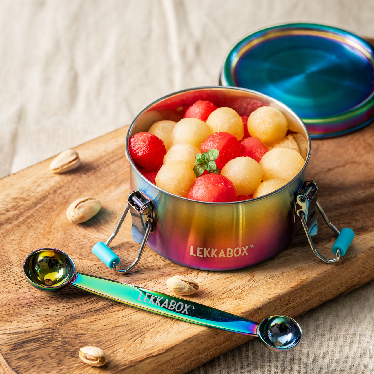 Lekkabox Clipsy Rainbow - cutie rotundă din oțel inoxidabil pentru depozitarea alimentelor