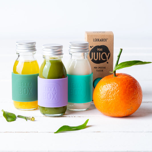 Lekkabox Juicy - Sticlă mini cu bandă din silicon (60 ml)